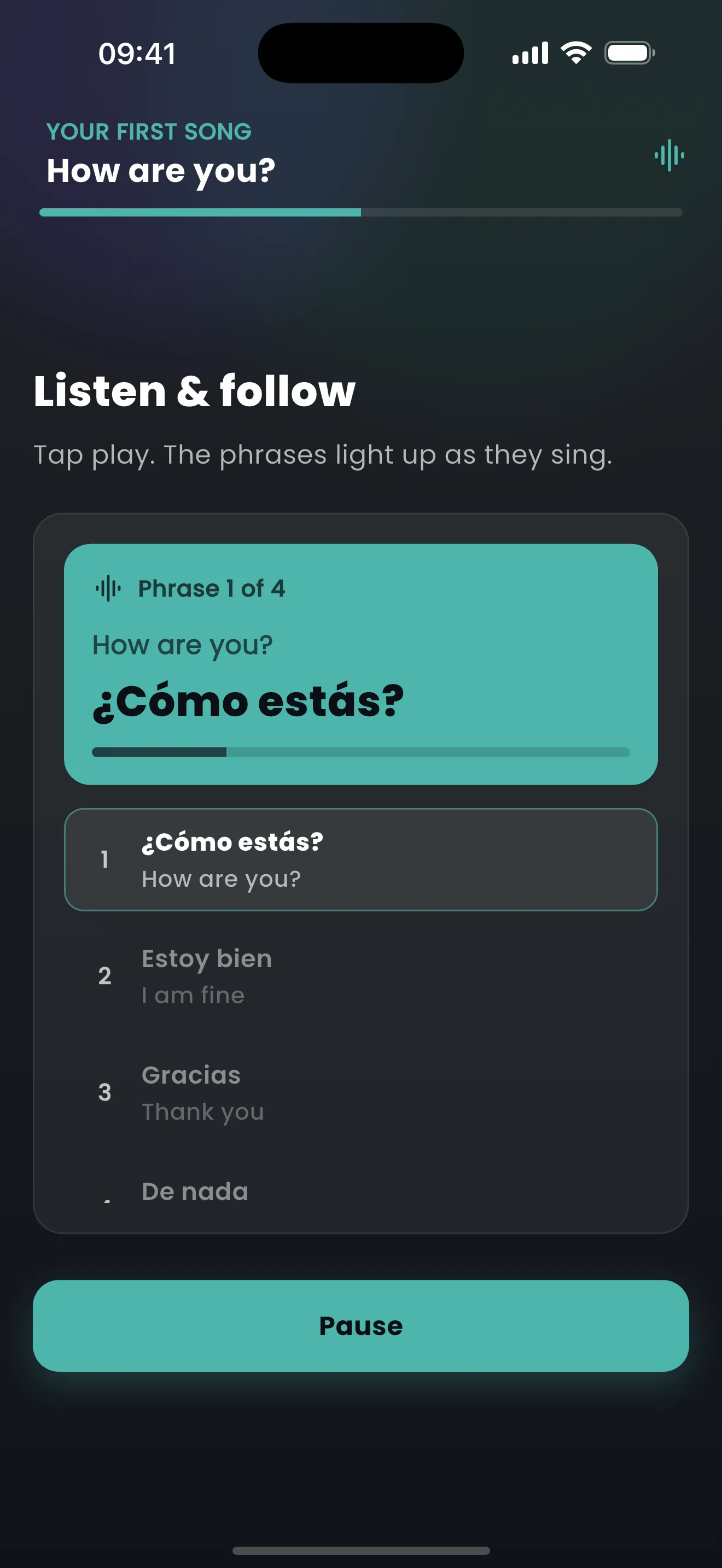 A guided phrase lesson in the official SingoLingo app