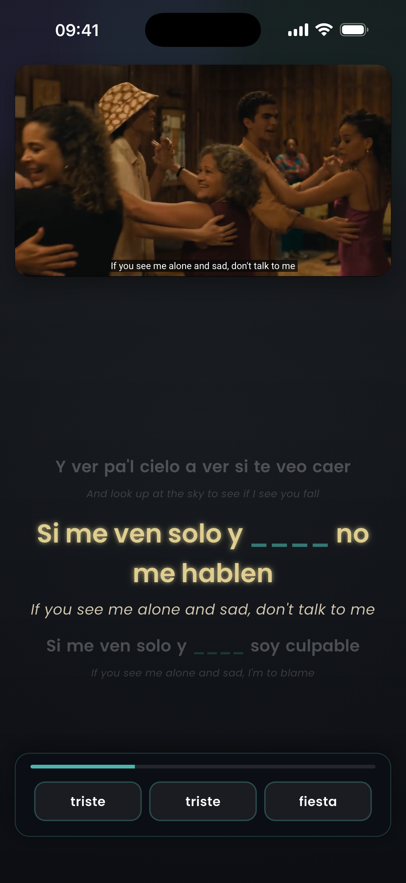 Karaoke-style Spanish lyric challenge in MeloLingo